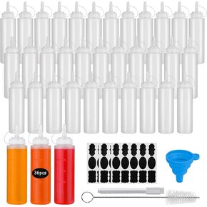 36 Pack 8 oz Condiment Squeeze Bottles Bulk, Plastic Leak Proof Multipurpose Sauces Ketchup Paint Squeeze Bottles with Tick Mark for Kitchen,BBQ,Oil,Dressing Camping Supplies