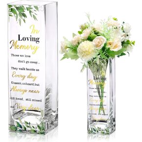 Botanical Theme Memorial Flower Vase Clear Decorative Flower Glass Vase with Sympathy Verse in Loving Memory Tall Square Vase Table Centerpieces for Funeral, 3.15 x 3.15 x 9.84 Inches