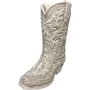 Cowgirl Boot Flower Vase – 9" Tall Antique White Finish with Intricate Tooled Leather Detailing - Decorative Western Cowboy Modern Rustic Decor