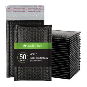 Quality Park Bubble Mailers, 4 x 8 Shipping Envelopes, Self-Seal, Small Black Padded Envelopes, Redi-Strip Peel Off Closure, 50 Per Box (1002352)