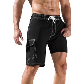 SILKWORLD Mens Swim Trunks with Compression Liner 10" Stretch Beach Shorts