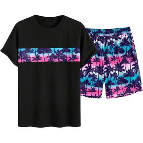 GORGLITTER Men's 2 Piece Outfits Tropical Short Sleeve Tee and Shorts Hawaiian Suit