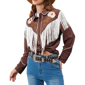 JOHN MOON Women's Floral Embroidered Fringe Western Shirts Rodeo Cowgirl Button Down Blouse Tops Country Style Outfits