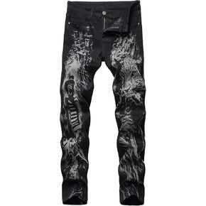 Men's Jeans Skinny Trendy Dragon Print Stretchy Fashion Hip Hop Straight Leg Jean Pants Size 28-38
