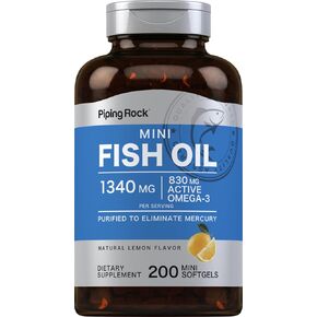 Piping Rock Mini Fish Oil Softgels 1340mg | 200 Pills | Mini Lemon Flavor Supplement | Omega-3 | Non-GMO, Gluten Free