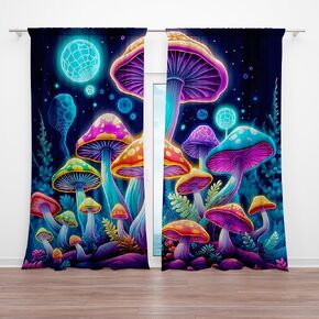 82 x 84 Inches Fantasy Mushroom Window Curtains Abstract Cartoon Blue Purple Plant Bedroom Living Room Kitchen Office Window Decoration Drapes 2 Panel