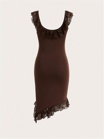 فستان نسائي قصير من Verdusa مزين بكشكشة ودانتيل متباين ورباط غير متماثل in Kuwait