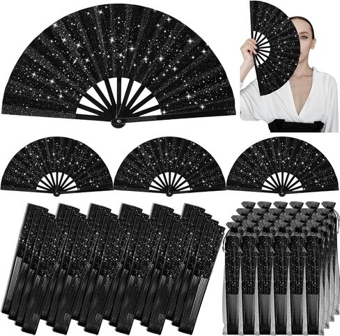 24 Pcs Glitter Large Rave Fans Bulk Folding Handheld Hand Fan with Organza Bag Chinese Tai Chi Kung Fu Fan Festival Gifts for Women Men Halloween Wedding Dancing Party Favor Decor(Black) in Saudi Arabia