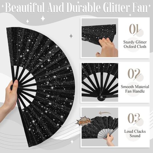 24 Pcs Glitter Large Rave Fans Bulk Folding Handheld Hand Fan with Organza Bag Chinese Tai Chi Kung Fu Fan Festival Gifts for Women Men Halloween Wedding Dancing Party Favor Decor(Black) in Saudi Arabia