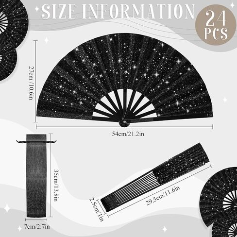24 Pcs Glitter Large Rave Fans Bulk Folding Handheld Hand Fan with Organza Bag Chinese Tai Chi Kung Fu Fan Festival Gifts for Women Men Halloween Wedding Dancing Party Favor Decor(Black) in Saudi Arabia