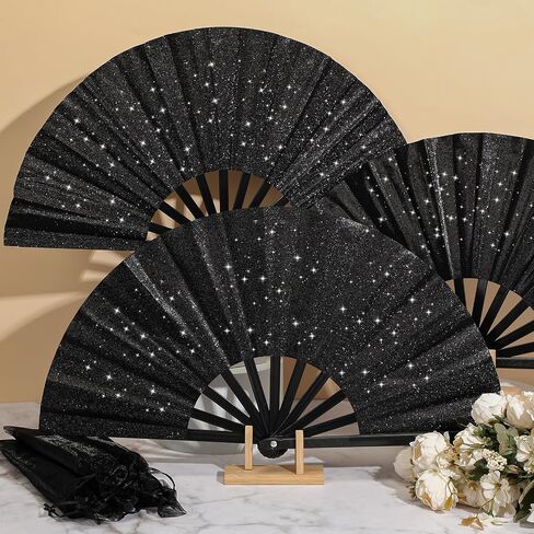 24 Pcs Glitter Large Rave Fans Bulk Folding Handheld Hand Fan with Organza Bag Chinese Tai Chi Kung Fu Fan Festival Gifts for Women Men Halloween Wedding Dancing Party Favor Decor(Black) in Saudi Arabia