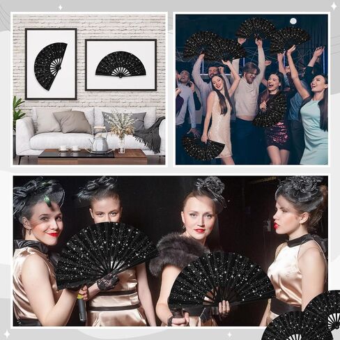 24 Pcs Glitter Large Rave Fans Bulk Folding Handheld Hand Fan with Organza Bag Chinese Tai Chi Kung Fu Fan Festival Gifts for Women Men Halloween Wedding Dancing Party Favor Decor(Black) in Saudi Arabia