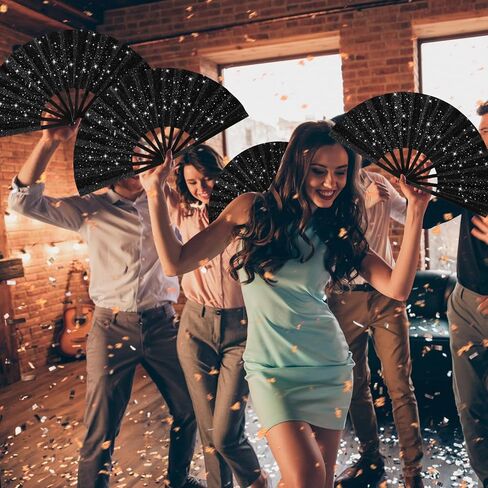 24 Pcs Glitter Large Rave Fans Bulk Folding Handheld Hand Fan with Organza Bag Chinese Tai Chi Kung Fu Fan Festival Gifts for Women Men Halloween Wedding Dancing Party Favor Decor(Black) in Saudi Arabia