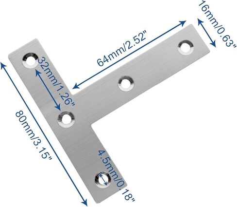 20 قطعة دعامة زاوية مسطحة على شكل حرف T 80 مم × 80 مم (3.15 بوصة × 3.15 بوصة) دعامة مسطحة على شكل حرف T، ألواح إصلاح مسطحة على شكل حرف T من الفولاذ المقاوم للصدأ مع مسامير للإطار والأثاث والخزانة. in Kuwait