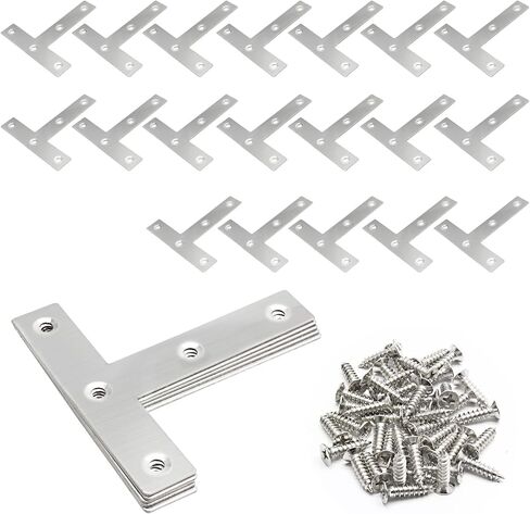 20 قطعة دعامة زاوية مسطحة على شكل حرف T 80 مم × 80 مم (3.15 بوصة × 3.15 بوصة) دعامة مسطحة على شكل حرف T، ألواح إصلاح مسطحة على شكل حرف T من الفولاذ المقاوم للصدأ مع مسامير للإطار والأثاث والخزانة. in Kuwait