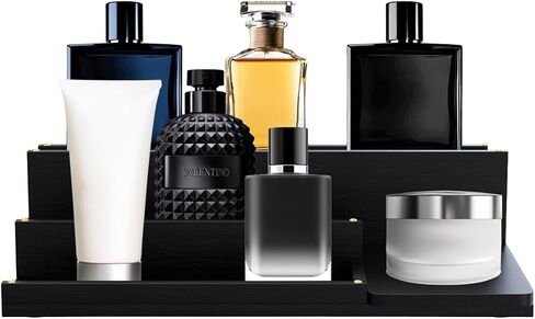 Cologne Organizer for Men - 3-Tier Solid Wood Cologne Stand with Hidden Compartments, Multi-Purpose Perfume Organizer and Display Shelf for Organizing Accessories, Ideal Gift for Men, Black in Saudi Arabia