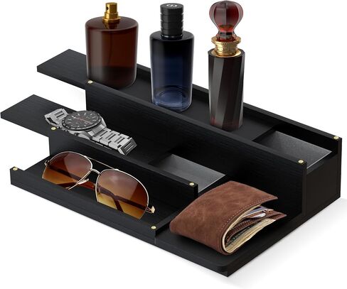 Cologne Organizer for Men - 3-Tier Solid Wood Cologne Stand with Hidden Compartments, Multi-Purpose Perfume Organizer and Display Shelf for Organizing Accessories, Ideal Gift for Men, Black in Saudi Arabia