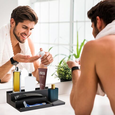 Cologne Organizer for Men - 3-Tier Solid Wood Cologne Stand with Hidden Compartments, Multi-Purpose Perfume Organizer and Display Shelf for Organizing Accessories, Ideal Gift for Men, Black in Saudi Arabia