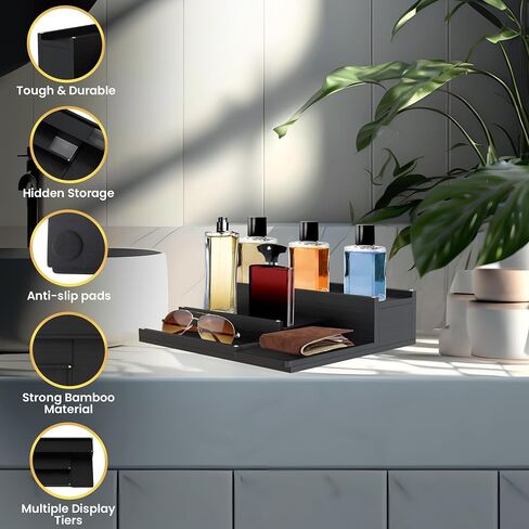 Cologne Organizer for Men - 3-Tier Solid Wood Cologne Stand with Hidden Compartments, Multi-Purpose Perfume Organizer and Display Shelf for Organizing Accessories, Ideal Gift for Men, Black in Saudi Arabia
