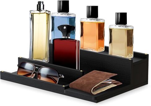 Cologne Organizer for Men - 3-Tier Solid Wood Cologne Stand with Hidden Compartments, Multi-Purpose Perfume Organizer and Display Shelf for Organizing Accessories, Ideal Gift for Men, Black in Saudi Arabia