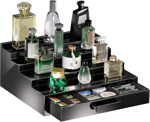 ProCase 2 Tiers Lacquered Finish Wooden Cologne Organizer for Men, Perfume Display Stand Shelf with Drawer, Men's Cologne Storage Rack, A Perfect Cologne Holder Gift for Men -Black in Saudi Arabia