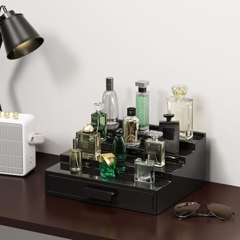 ProCase 2 Tiers Lacquered Finish Wooden Cologne Organizer for Men, Perfume Display Stand Shelf with Drawer, Men's Cologne Storage Rack, A Perfect Cologne Holder Gift for Men -Black in Saudi Arabia
