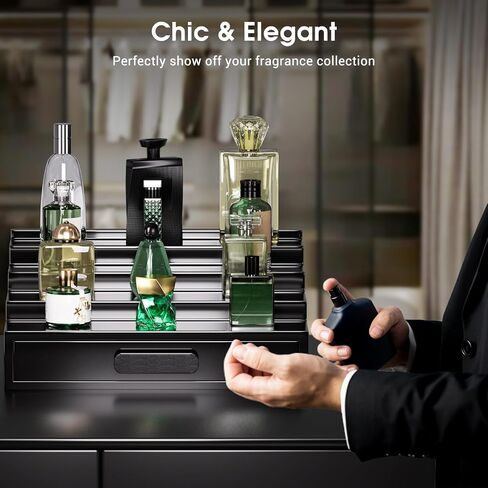 ProCase 2 Tiers Lacquered Finish Wooden Cologne Organizer for Men, Perfume Display Stand Shelf with Drawer, Men's Cologne Storage Rack, A Perfect Cologne Holder Gift for Men -Black in Saudi Arabia