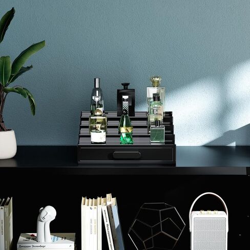 ProCase 2 Tiers Lacquered Finish Wooden Cologne Organizer for Men, Perfume Display Stand Shelf with Drawer, Men's Cologne Storage Rack, A Perfect Cologne Holder Gift for Men -Black in Saudi Arabia