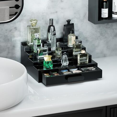 ProCase 2 Tiers Lacquered Finish Wooden Cologne Organizer for Men, Perfume Display Stand Shelf with Drawer, Men's Cologne Storage Rack, A Perfect Cologne Holder Gift for Men -Black in Saudi Arabia