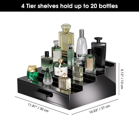 ProCase 2 Tiers Lacquered Finish Wooden Cologne Organizer for Men, Perfume Display Stand Shelf with Drawer, Men's Cologne Storage Rack, A Perfect Cologne Holder Gift for Men -Black in Saudi Arabia