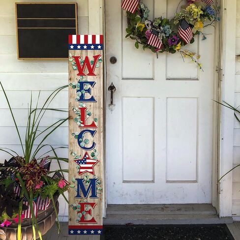 4th of July Porch Sign Farmhouse Patriotic Welcome Outdoor Sign Retro USA Flag Porch Signs Wooden Rustic Vintage Standing Hanging Wall Decor for Independence Day Home Front Door Decor in Saudi Arabia
