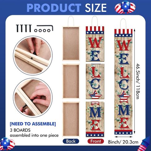 4th of July Porch Sign Farmhouse Patriotic Welcome Outdoor Sign Retro USA Flag Porch Signs Wooden Rustic Vintage Standing Hanging Wall Decor for Independence Day Home Front Door Decor in Saudi Arabia