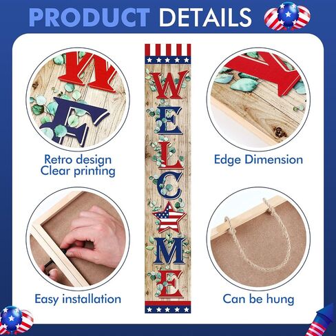 4th of July Porch Sign Farmhouse Patriotic Welcome Outdoor Sign Retro USA Flag Porch Signs Wooden Rustic Vintage Standing Hanging Wall Decor for Independence Day Home Front Door Decor in Saudi Arabia