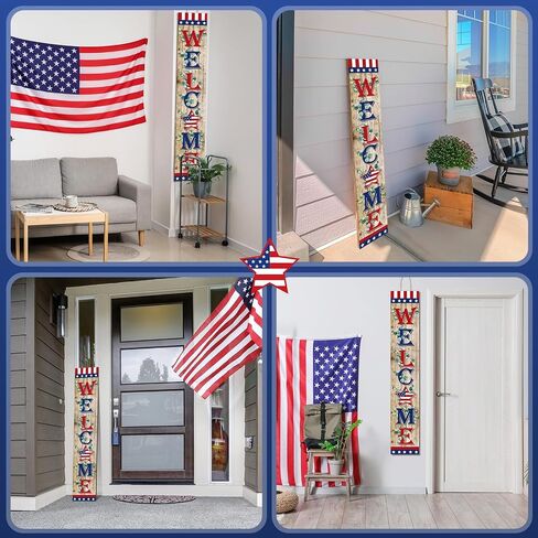 4th of July Porch Sign Farmhouse Patriotic Welcome Outdoor Sign Retro USA Flag Porch Signs Wooden Rustic Vintage Standing Hanging Wall Decor for Independence Day Home Front Door Decor in Saudi Arabia