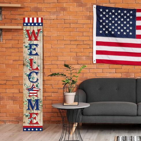 4th of July Porch Sign Farmhouse Patriotic Welcome Outdoor Sign Retro USA Flag Porch Signs Wooden Rustic Vintage Standing Hanging Wall Decor for Independence Day Home Front Door Decor in Saudi Arabia