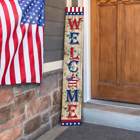 4th of July Porch Sign Farmhouse Patriotic Welcome Outdoor Sign Retro USA Flag Porch Signs Wooden Rustic Vintage Standing Hanging Wall Decor for Independence Day Home Front Door Decor in Saudi Arabia