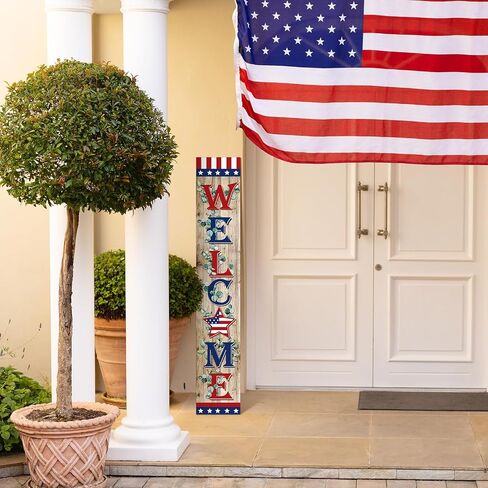 4th of July Porch Sign Farmhouse Patriotic Welcome Outdoor Sign Retro USA Flag Porch Signs Wooden Rustic Vintage Standing Hanging Wall Decor for Independence Day Home Front Door Decor in Saudi Arabia