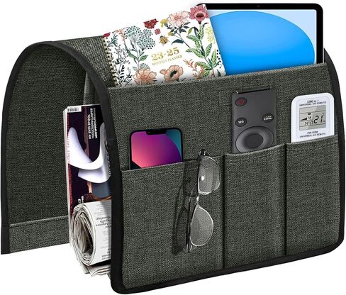 Joywell كرسي بذراعين حامل جهاز تحكم عن بعد على الأريكة وذراع الكرسي للتحكم عن بعد في التلفزيون، 5 جيوب منظم مسند ذراع الأريكة للمجلات والكتب والهاتف الخلوي والآيباد، رمادي داكن in Kuwait