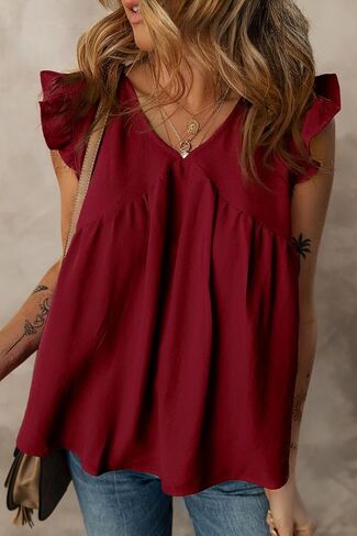 Dokotoo Womens Summer Tops Cute V Neck Ruffle Cap Sleeve Babydoll Blouses Shirts in Kuwait