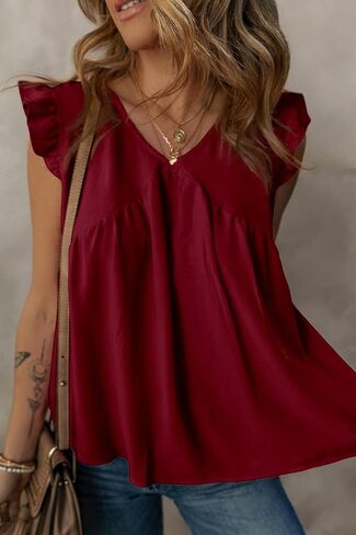 Dokotoo Womens Summer Tops Cute V Neck Ruffle Cap Sleeve Babydoll Blouses Shirts in Kuwait