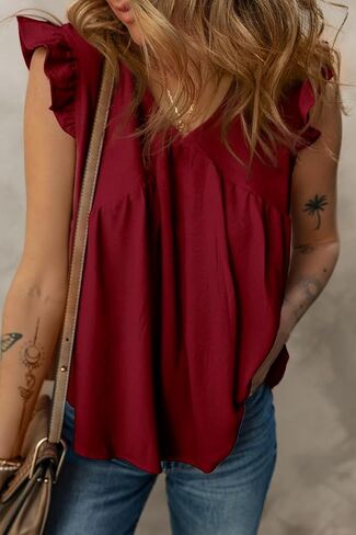 Dokotoo Womens Summer Tops Cute V Neck Ruffle Cap Sleeve Babydoll Blouses Shirts in Kuwait