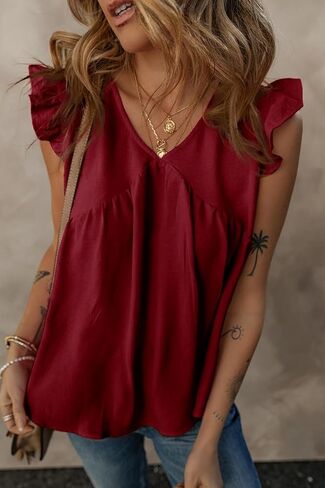 Dokotoo Womens Summer Tops Cute V Neck Ruffle Cap Sleeve Babydoll Blouses Shirts in Kuwait