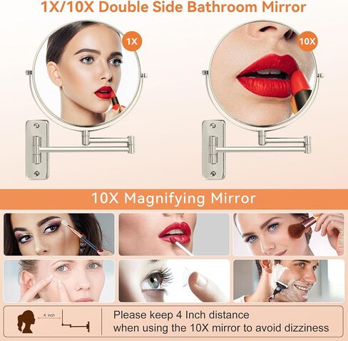 Magnifying Mirror Wall Mounted, 8" Bathroom Makeup Mirror, 1X/10X Double Sided, Extended Arm 360° Swivel Extension Mirror, Nickel in Saudi Arabia