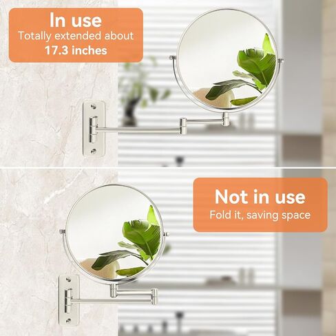 Magnifying Mirror Wall Mounted, 8" Bathroom Makeup Mirror, 1X/10X Double Sided, Extended Arm 360° Swivel Extension Mirror, Nickel in Saudi Arabia