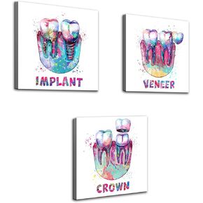 KLVOS Medical Wall Art Print Abstract Colorful Tooth Picture Dental Treatment Teeth Medical Canvas Prints Art Decor Great Gift for Dental Clinic Hospital Chemist Stretched Ready to Hang 12"x12"x3pcs