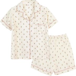 Arssm Floral Pajama Set Women Cute Kawaii 2 Piece Matching Pj Set Aesthetic Short Sleeve Sleeping Loungewear
