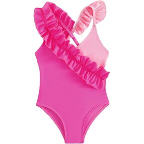 OYOANGLE Girl's One Piece Swimwear Colorblock Ruffle Trim Sleeveless V Neck Swimsuit Crisscross Backless Beachwear