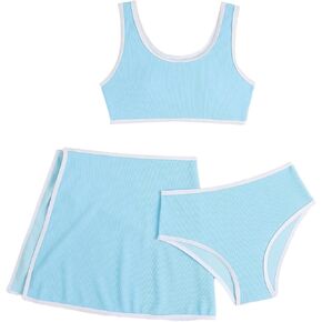 Milumia Girl's 3 Piece Swimsuits Contrast Binding Scoop Neck Bathing Suits with Coverup Skirt