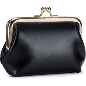 QeenRTUU Compartment Kiss Lock Coin Purses with Card Slot Vintage Genuine Leather Mini Coin Pouch Women Small Change Purse (Red 2)