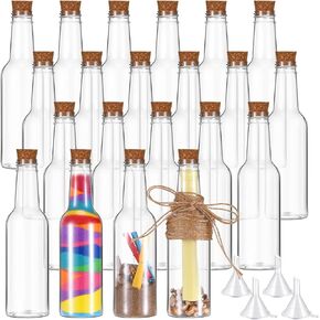 Tanlade 20 Pcs Plastic Sand Art Bottles with Cork Stoppers 5.6oz Wish Message Bottle Containers Clear Potion Bottles with Plastic Funnels for DIY Craft Wedding Birthday Party
